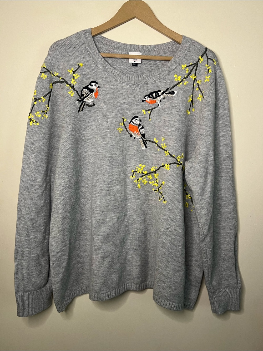Cabi Songbird #4482 Gray Embroidered Long Sleeve Pullover Knit Sweater XL
